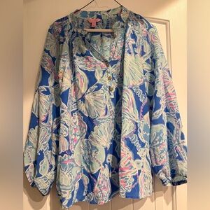 Lilly Pulitzer Blue Shell-Print Button Front Top with Pink & Blue Accents